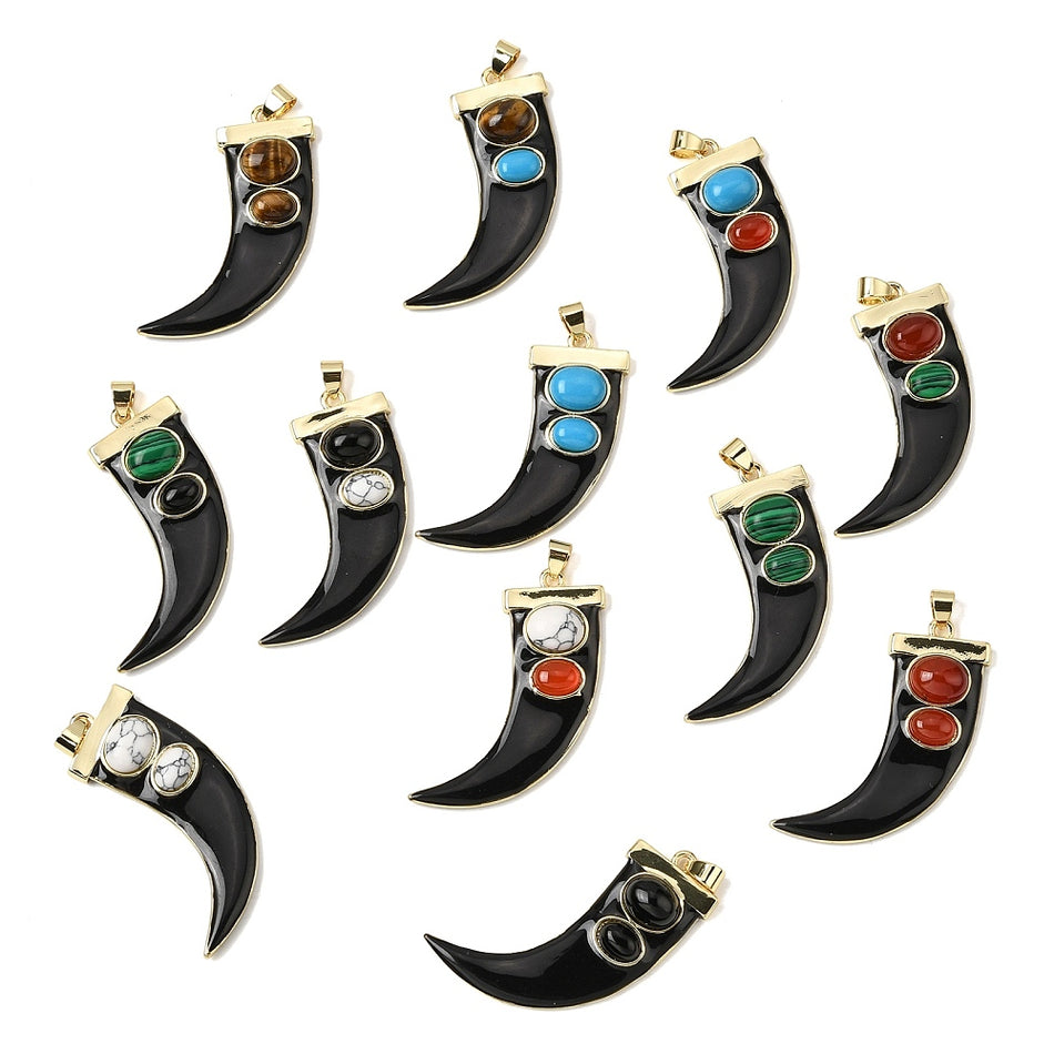 Gemstone Pendants, Enamel Horn Charms, Real 18K Gold-Filled, 43mm,1pc