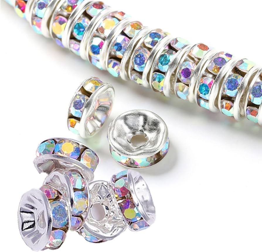 Silver Rhinestone Rondelle Spacer Beads 8mm, 16pcs