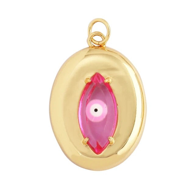 18k Gold-Plated Pink Oval Evil Eye Zirconia Pendant, 1pc