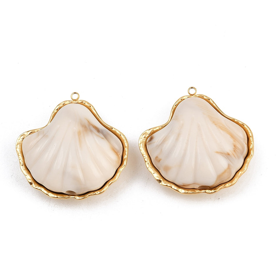 Stainless Steel Shell Pendants, with Acrylic, 37mm 1pc