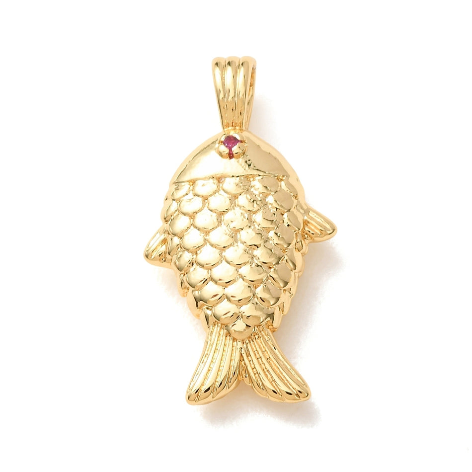 Zirconia Pendants, Fish Charm, Long-Lasting Plated, Lead Free & Cadmium Free, Real 18K Gold Plated, Size: about length 28mm, width 14.5mm, thickness 6mm, hole: 4x2.5mm 1Pc