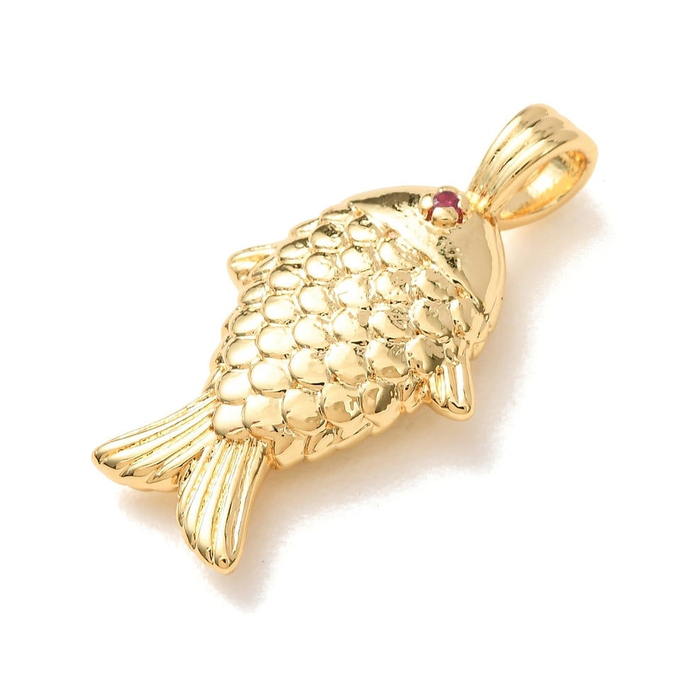 Zirconia Pendants, Fish Charm, Long-Lasting Plated, Lead Free & Cadmium Free, Real 18K Gold Plated, Size: about length 28mm, width 14.5mm, thickness 6mm, hole: 4x2.5mm 1Pc