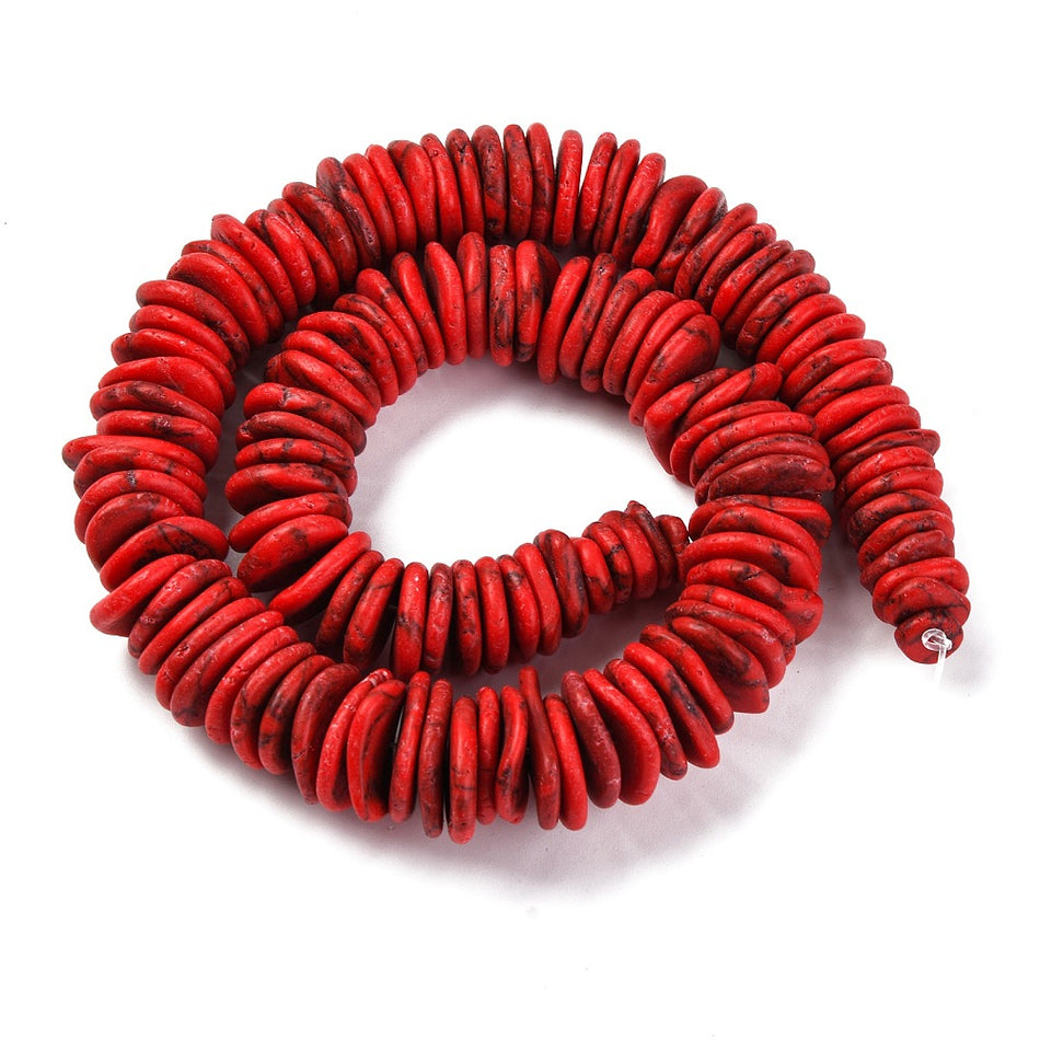 Turquoise Disc Beads Strands, Red, Bead Size 7~15mm wide