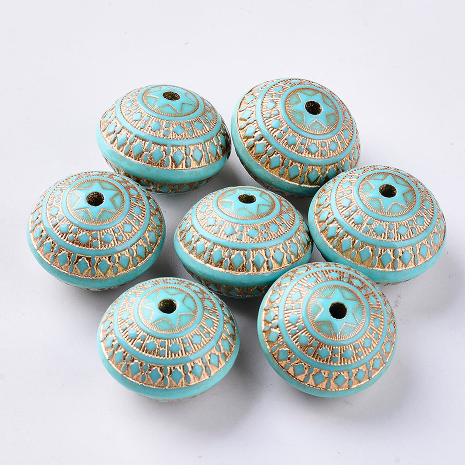 Acrylic Beads, Golden Metal Enlaced, Rondelle, Dark Turquoise
Size: about 22.5mm in diameter, 17mm thick, hole: 3mm Package of 10pcs