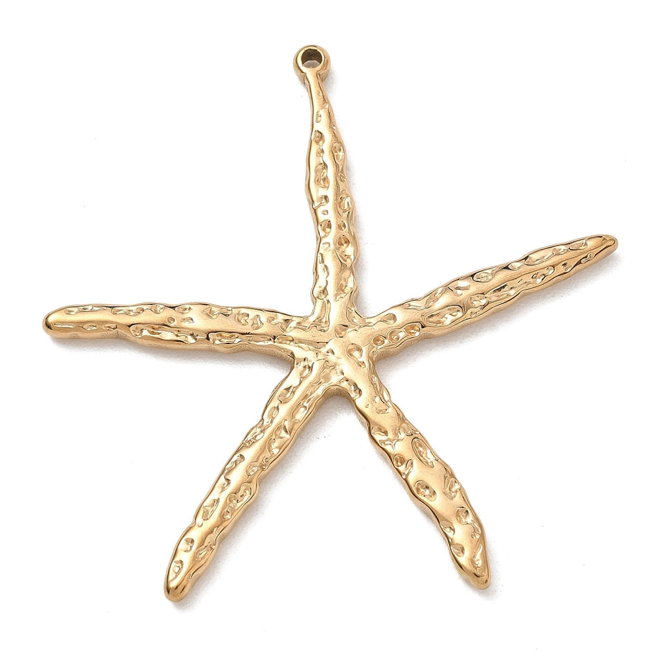 Stainless Steel Pendants, Hammered Starfish, GoldenSize 55mm, 1pc