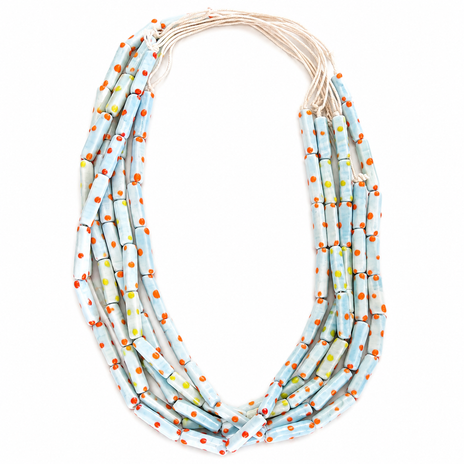 Lampwork Large Hole Tube Beads Strand, Ligth Blue Multicolor Dots, 23x6mm