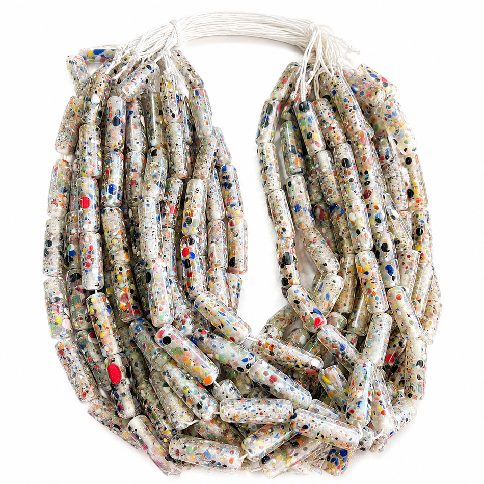 Lampwork Tube Beads Strand, Clear Multicolor Speckled, 30x10mm
