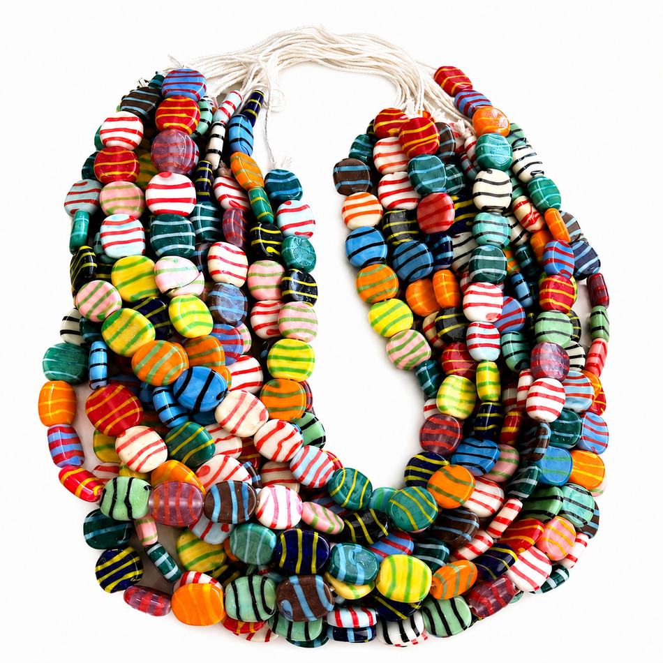 Lampwork Flat Coin Beads Strand, Multicolor Striped, Bead Size 15mm