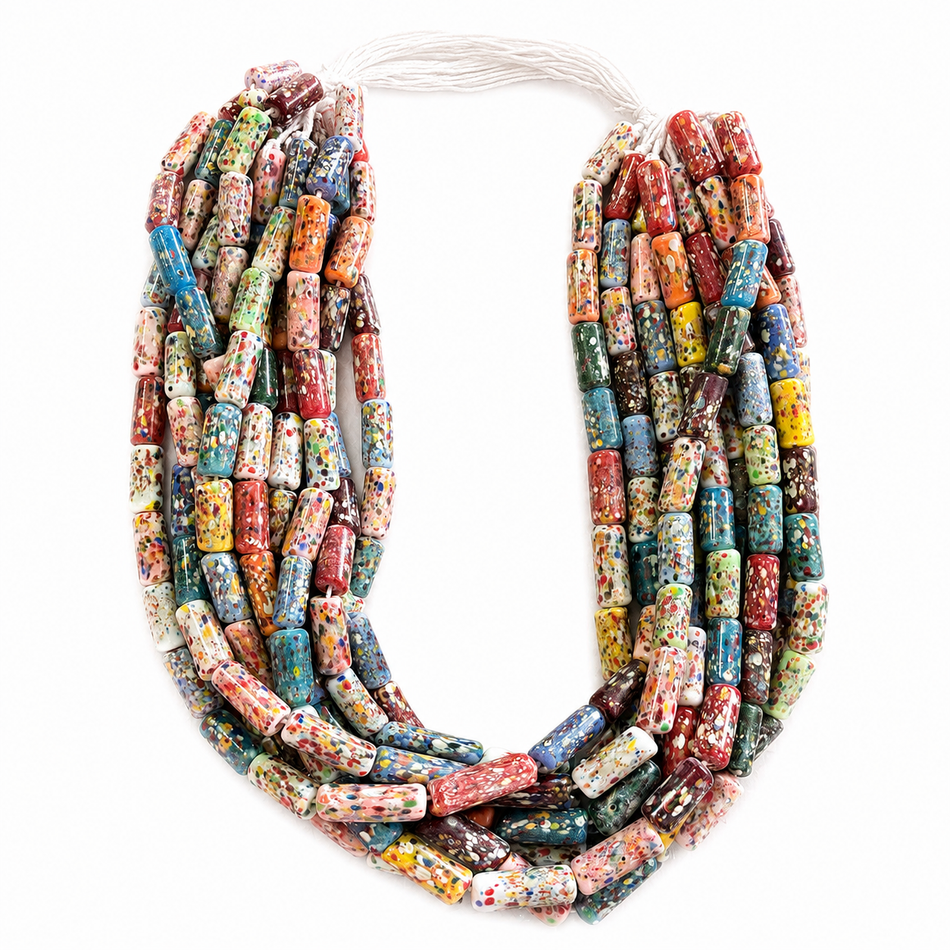 Lampwork Tube Beads Strand Multicolor Speckled, 18x8mm