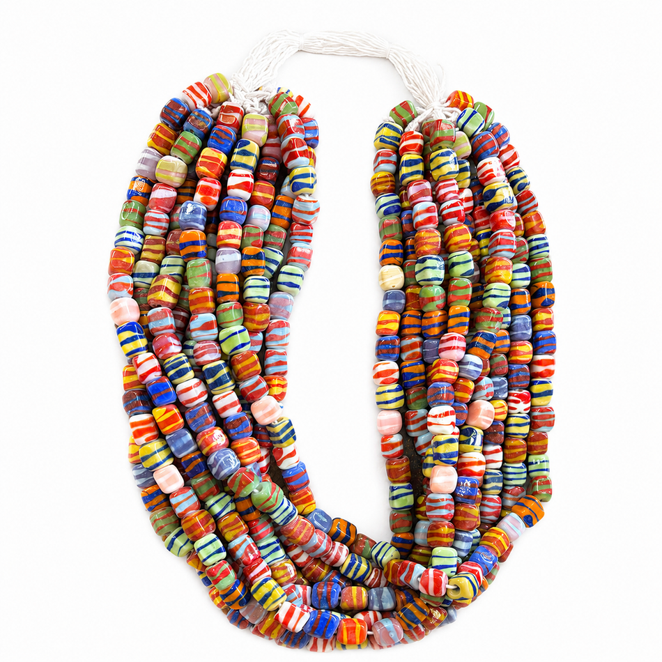 Lampwork Large Hole Rounded Cube Beads Strand Multicolor Striped, 8x7mm