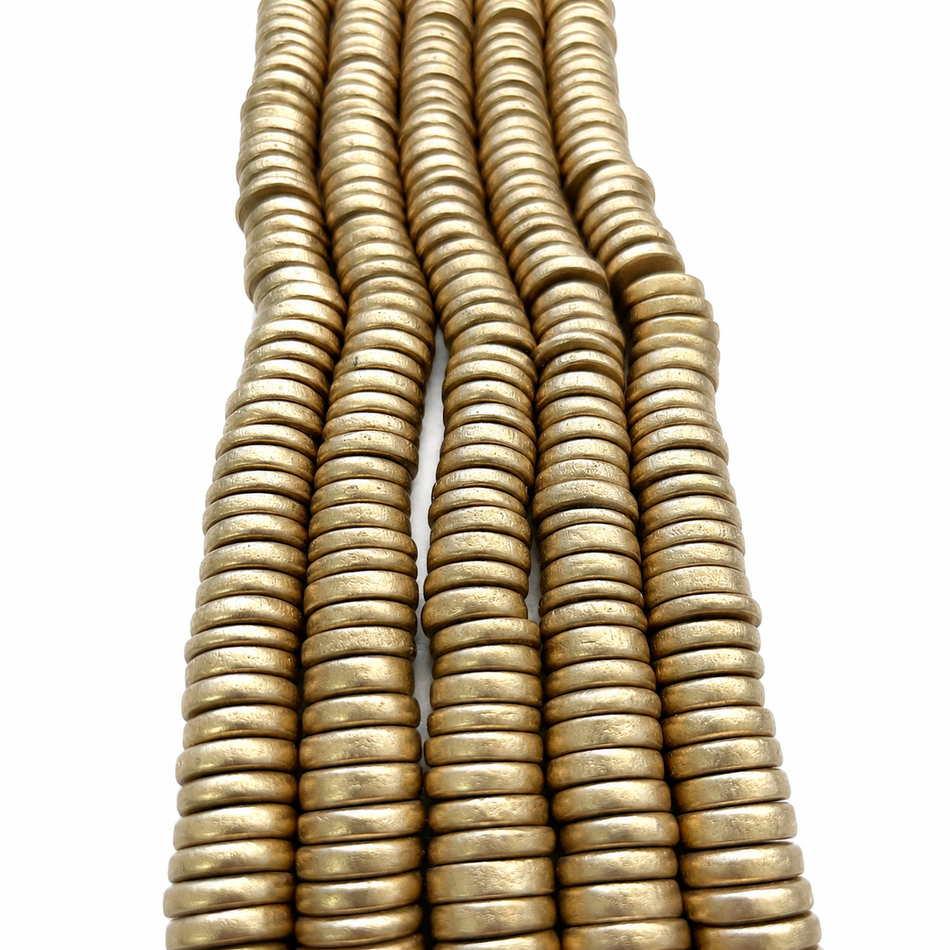 Wood (coated), metallic gold, 15x4mm rondelle. Sold per 8-inch strand, approximately 45 beads