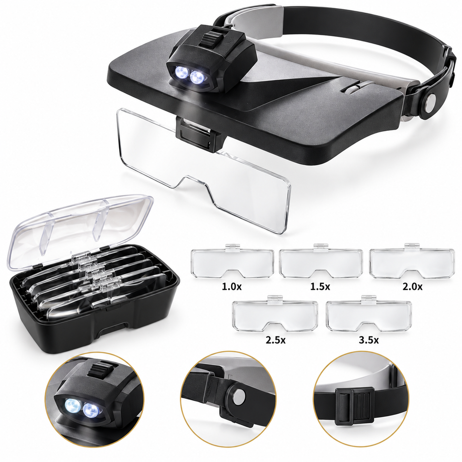The BeadSmith Headband LED Magnifier – 5 Interchangeable Lenses (1.0x–3.5x)