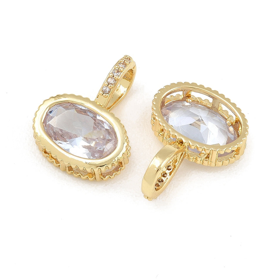 Brass Pave Cubic Zirconia Pendants, with Glass Rhinestone, Flat Oval Charms,19x14x7.8mm 1PC