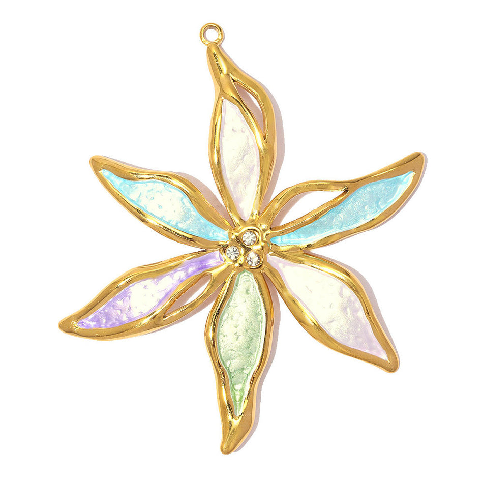 Stainless Steel with Enamel & Crystal Rhinestone Flower Charm, Size 58mm 1Pc