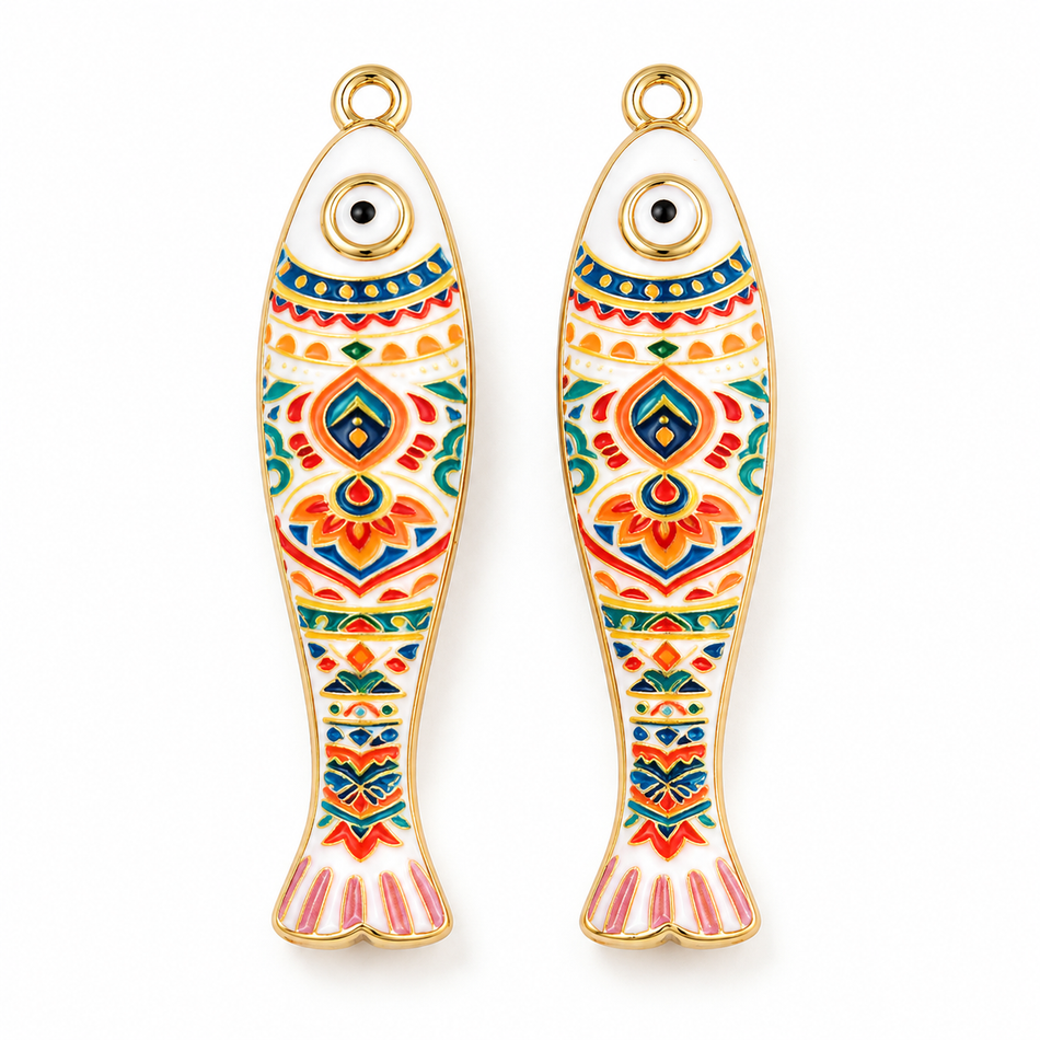 Printed Brass Pendants, Fish Ethnic Pattern Colorful, Golden Size36mm 1Pc