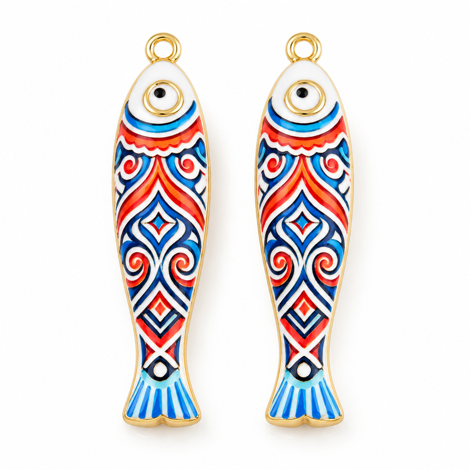 Printed Brass Pendants, Fish Ethnic Pattern Colorful, Golden Size36mm 1Pc