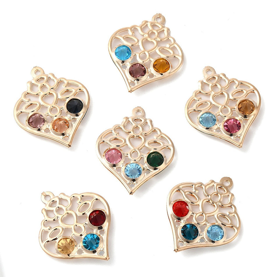 Heart Metal Pendant With Crystals 31mm, 5 Pcs