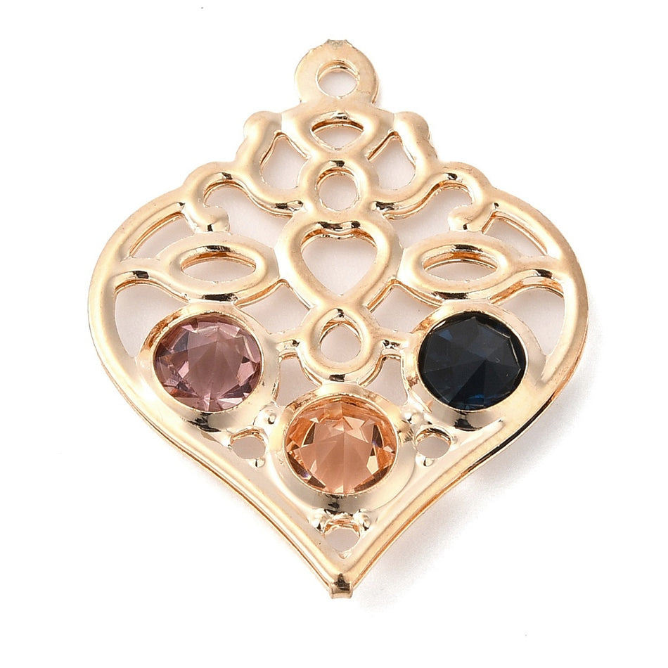 Heart Metal Pendant With Crystals 31mm, 5 Pcs