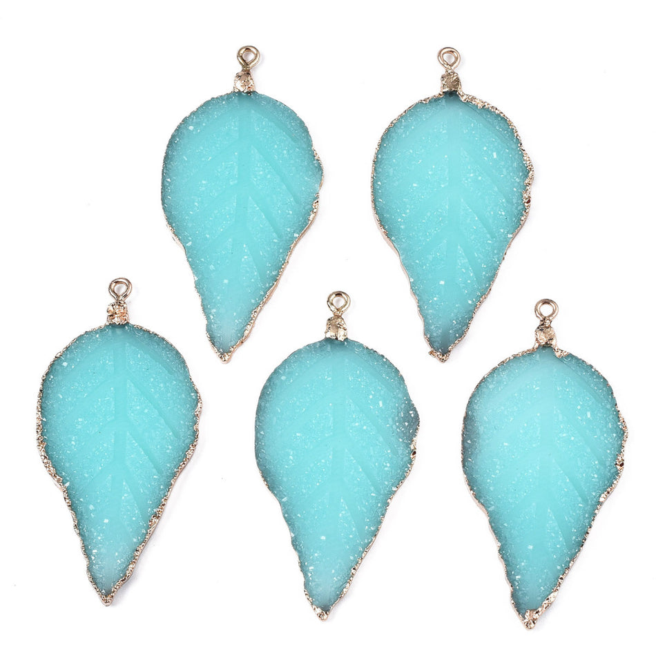 Druzy Resin Leaf Pendant 56mm, 2 Pcs