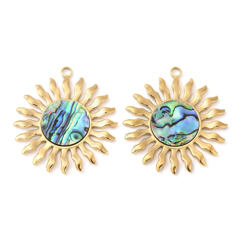 Stainless Steel Natural Shell Sun Pendant 38mm, 1pc
