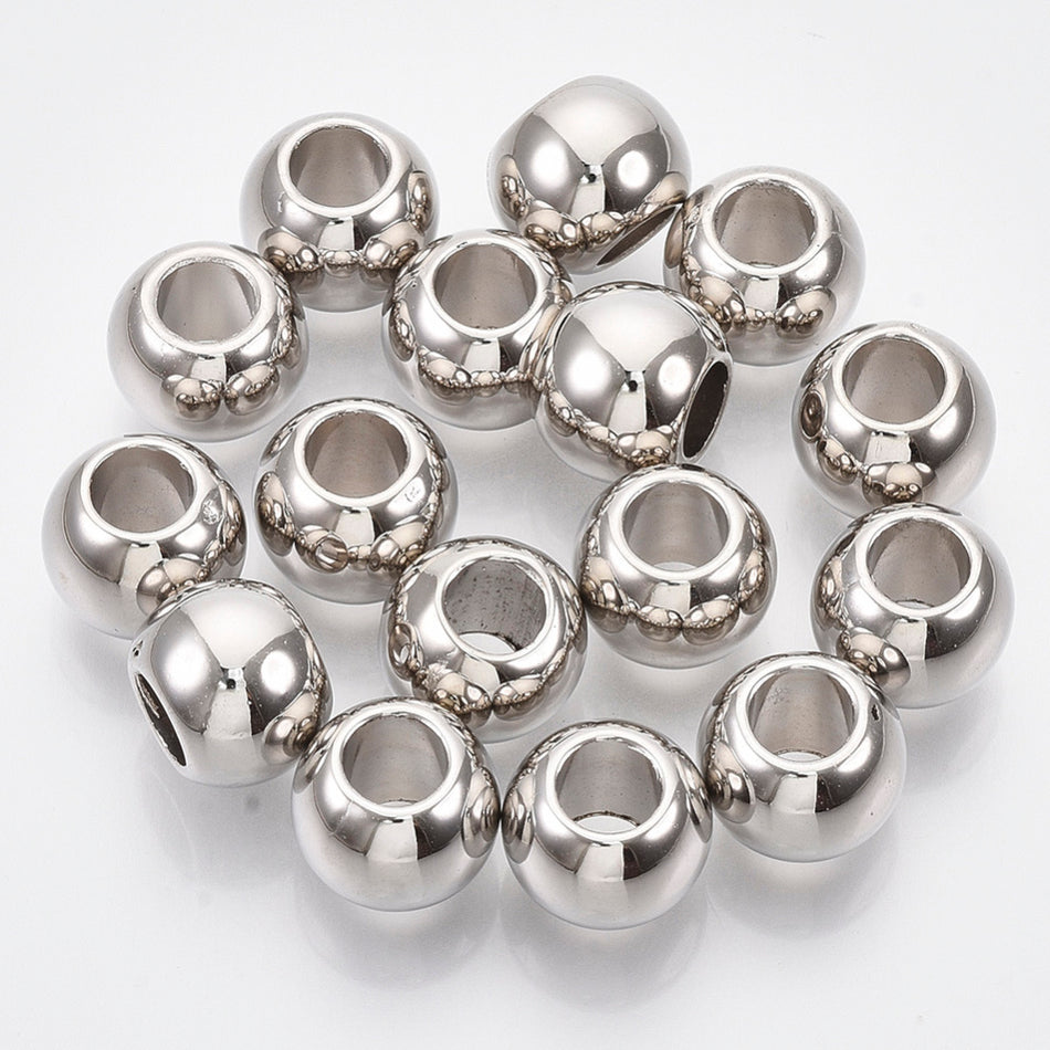 Large Hole Silver Round Beads 11mm, 25pcs