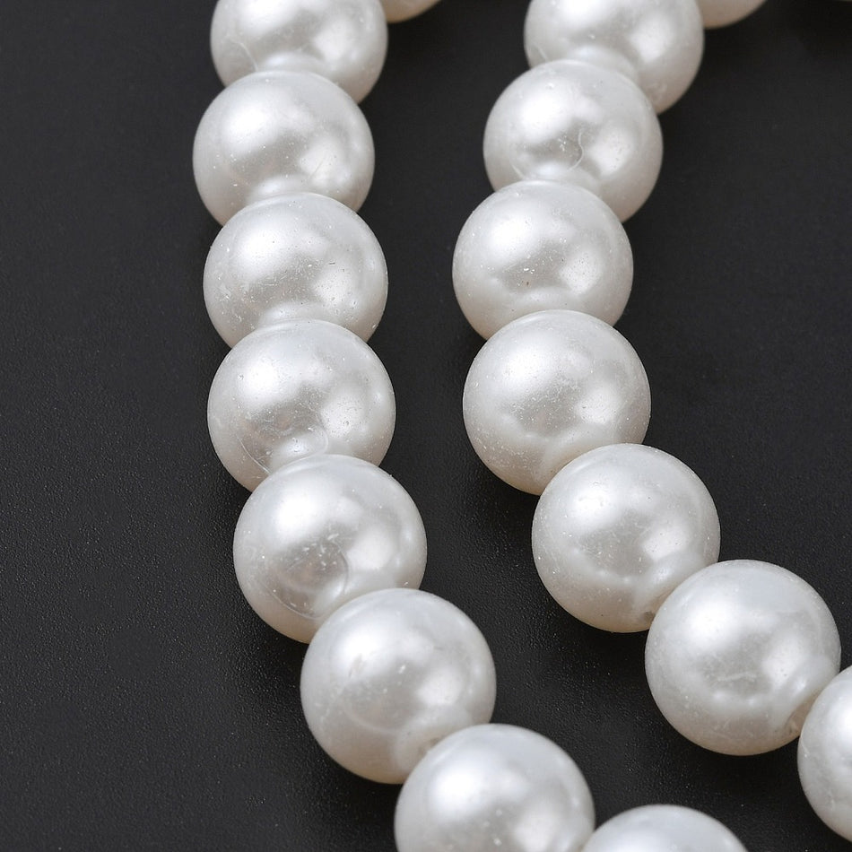 Round White Glass Pearl 10mm, 1 Strand