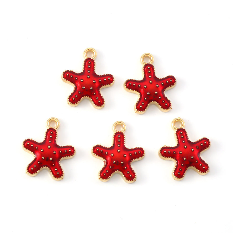 Red Enameled Starfish Pendant 16mm, 10pcs