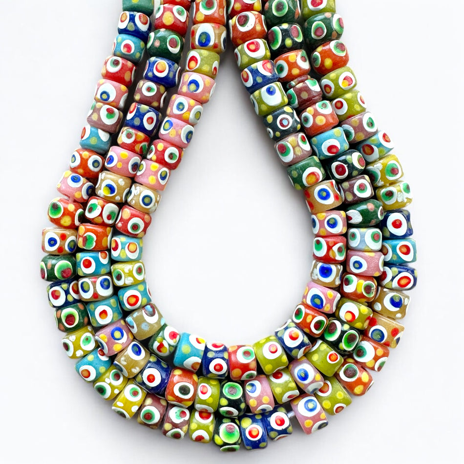 Multicolor Dot Lampwork Barrel Bead Strand, 8mm