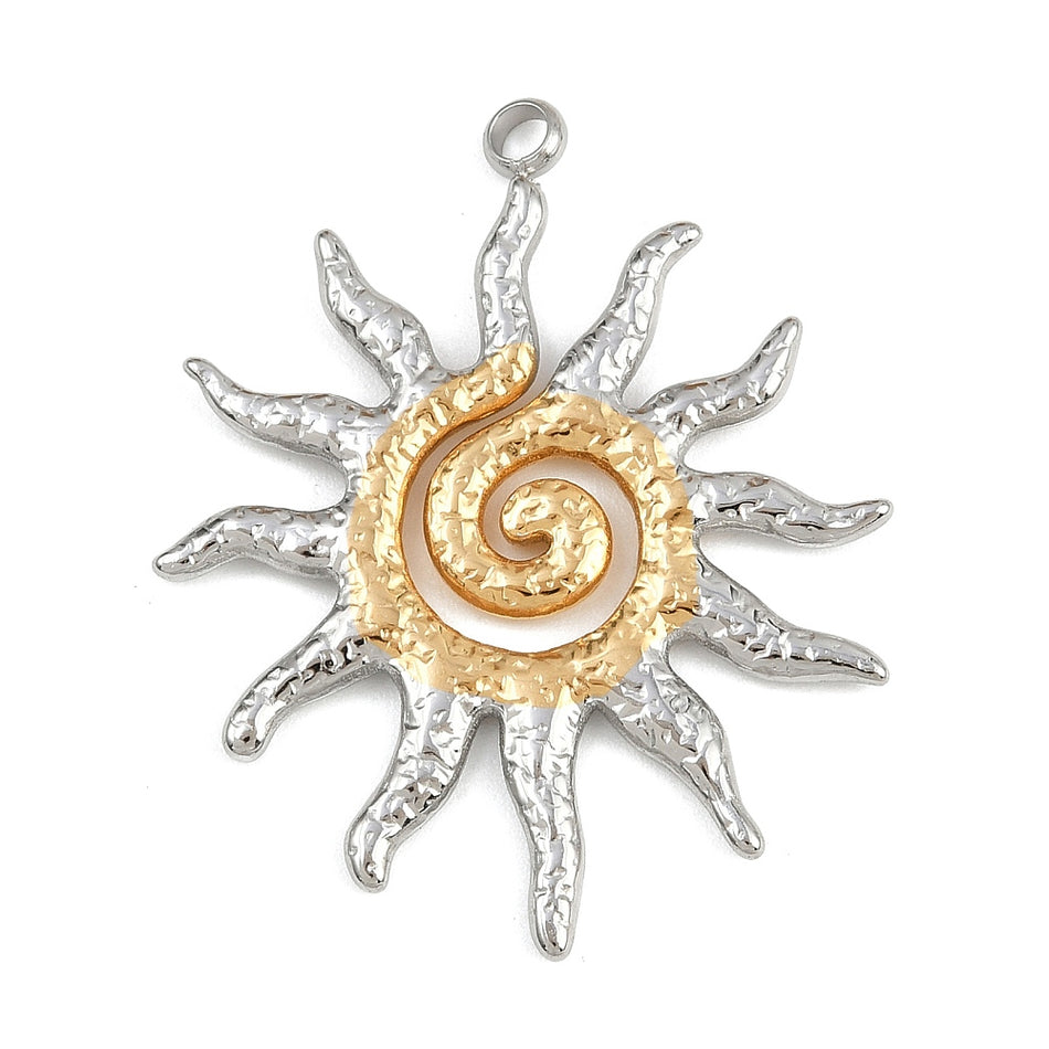 Stainless Steel Gold and Silver Sun Pendant 40mm, 1pc