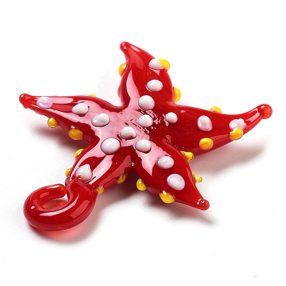 Solid Red Star Fish Lampwork Pendant 34mm, 1pc
