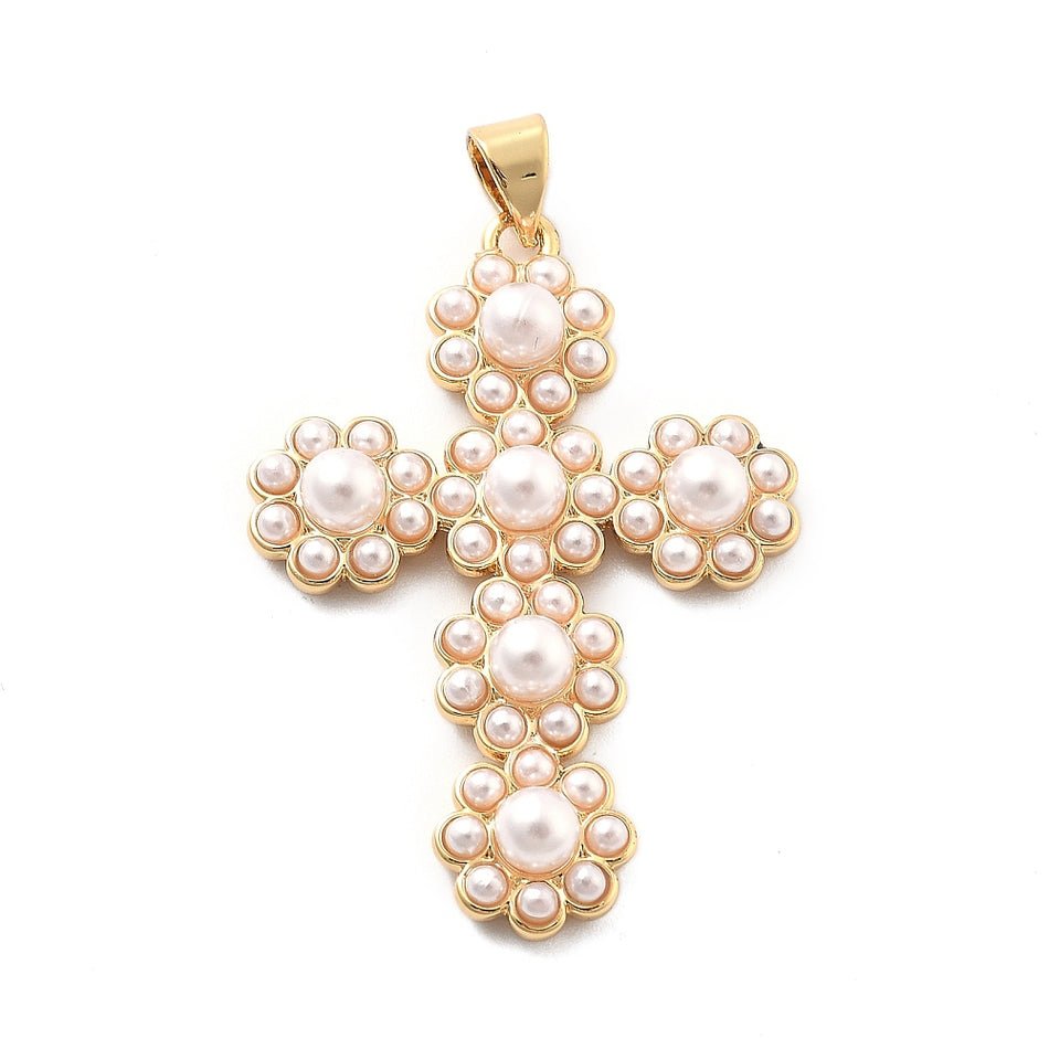 18k Gold-Plated Cross with Crystal Pearl Pendant 38mm, 1pc