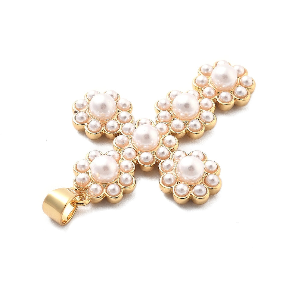 18k Gold-Plated Cross with Crystal Pearl Pendant 38mm, 1pc