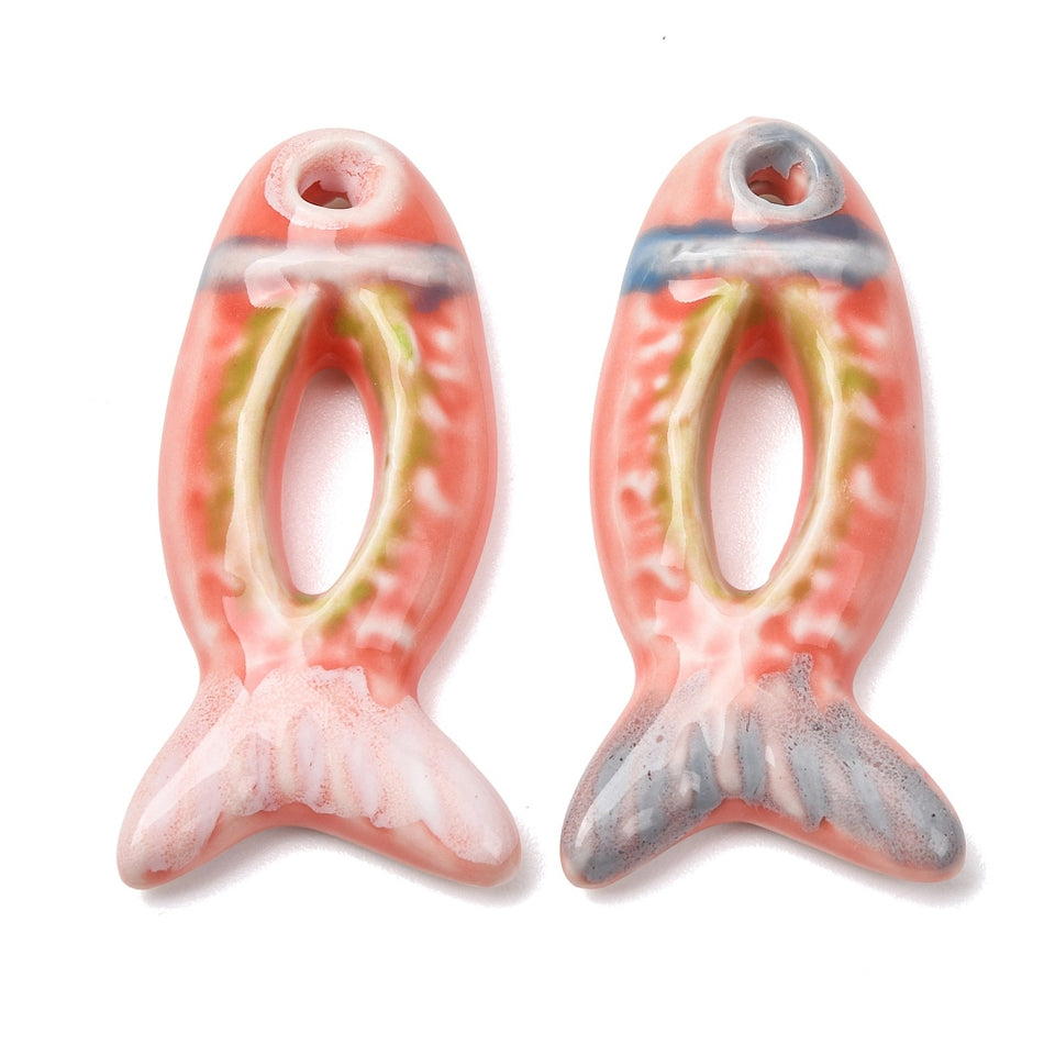 Porcelain Big Pendants, Hand Painted, Fish Charms, Size: about length 65mm, width 32mm, thickness 10mm, hole: 5.5mm. 1Pc
