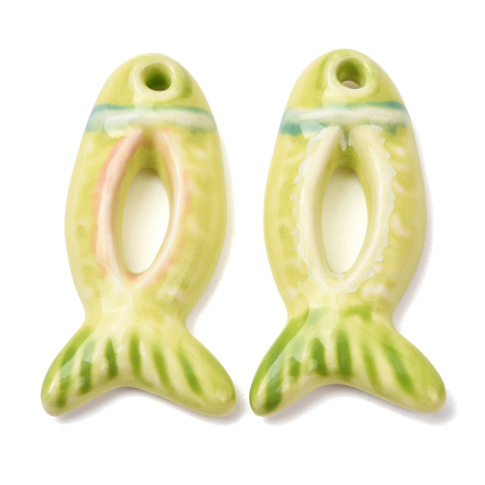 Porcelain Big Pendants, Hand Painted, Fish Charms, Size: about length 65mm, width 32mm, thickness 10mm, hole: 5.5mm. 1Pc