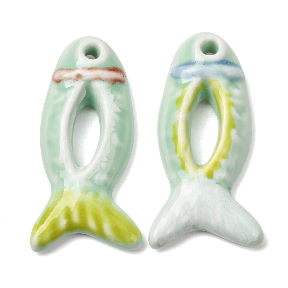 Porcelain Big Pendants, Hand Painted, Fish Charms, Size: about length 65mm, width 32mm, thickness 10mm, hole: 5.5mm. 1Pc
