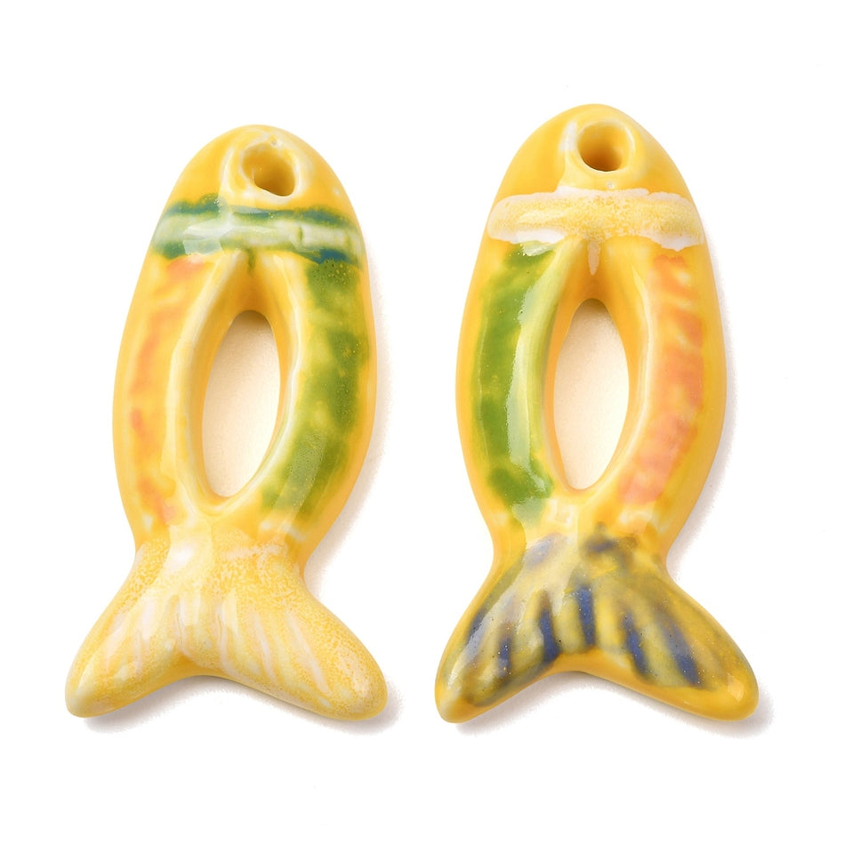 Porcelain Big Pendants, Hand Painted, Fish Charms, Size: about length 65mm, width 32mm, thickness 10mm, hole: 5.5mm. 1Pc