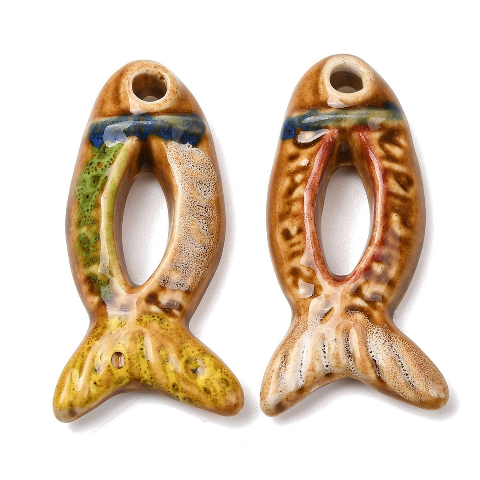 Porcelain Big Pendants, Hand Painted, Fish Charms, Size: about length 65mm, width 32mm, thickness 10mm, hole: 5.5mm. 1Pc