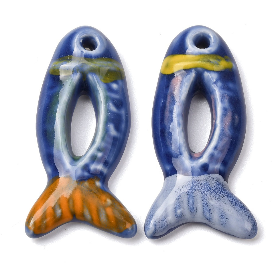 Porcelain Big Pendants, Hand Painted, Fish Charms, Size: about length 65mm, width 32mm, thickness 10mm, hole: 5.5mm. 1Pc