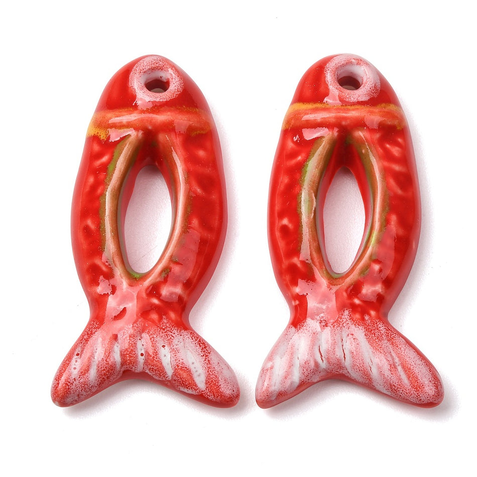 Porcelain Big Pendants, Hand Painted, Fish Charms, Size: about length 65mm, width 32mm, thickness 10mm, hole: 5.5mm. 1Pc