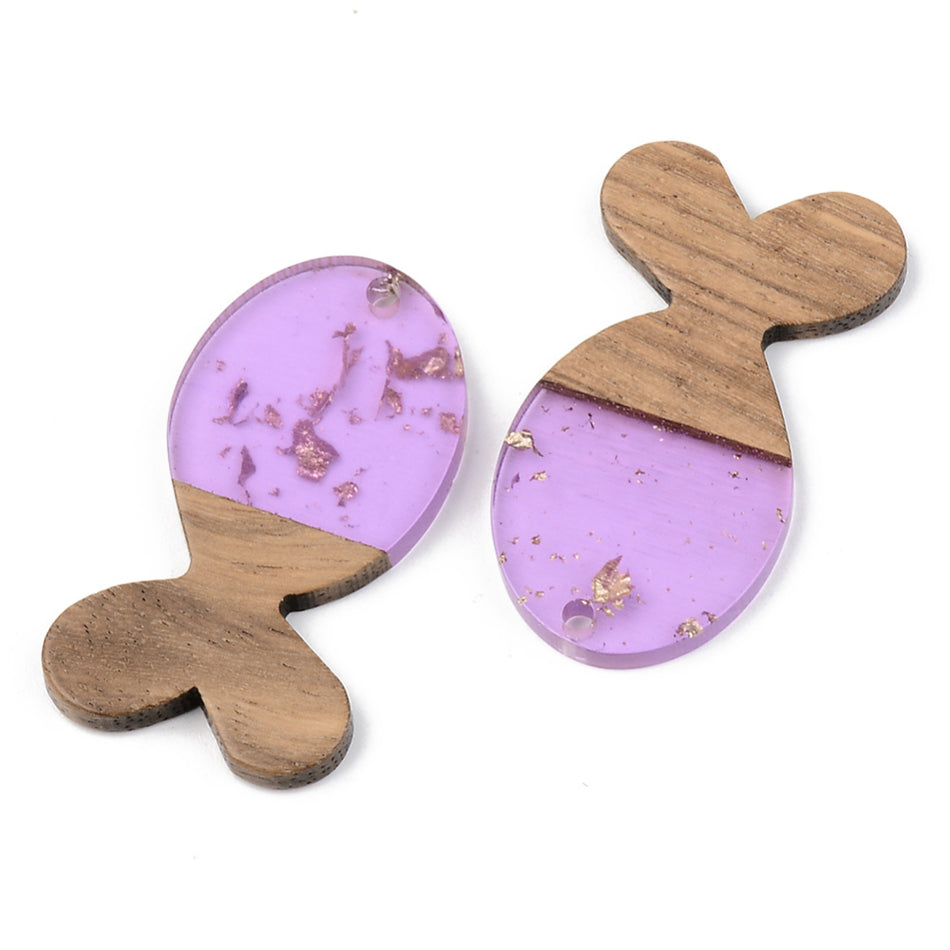 Resin & Walnut Wood Pendants, with Gold Foil, Fish, Size: about 38mm long, 22mm wide, 3mm thick, hole: 2mm. Package of 2pcs