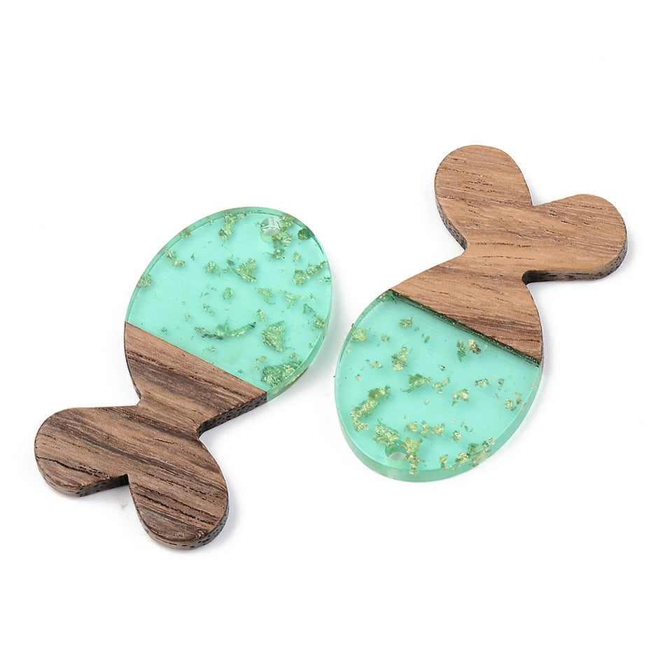 Resin & Walnut Wood Pendants, with Gold Foil, Fish, Size: about 38mm long, 22mm wide, 3mm thick, hole: 2mm. Package of 2pcs