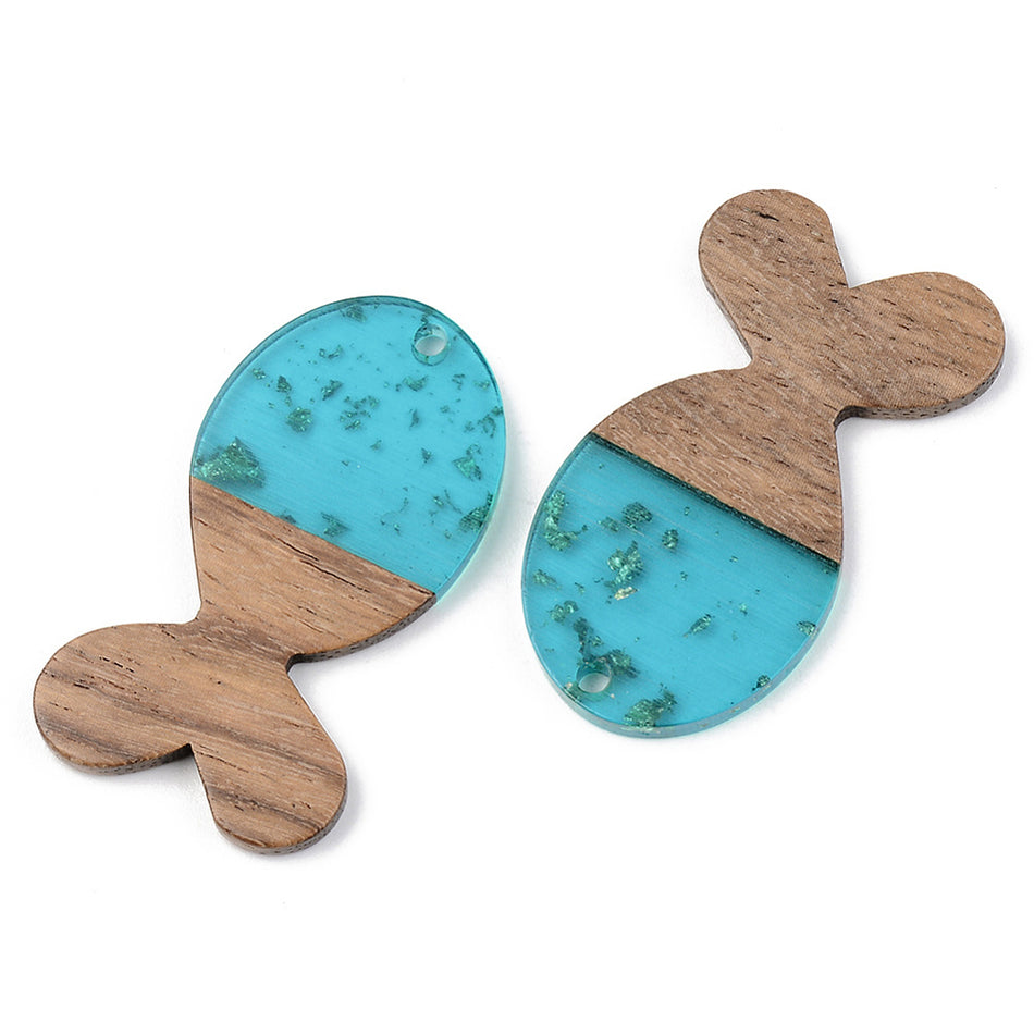 Resin & Walnut Wood Pendants, with Gold Foil, Fish, Size: about 38mm long, 22mm wide, 3mm thick, hole: 2mm. Package of 2pcs