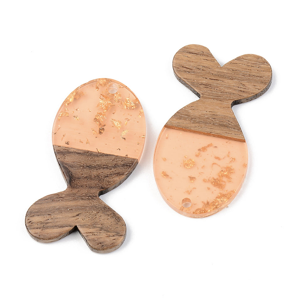 Resin & Walnut Wood Pendants, with Gold Foil, Fish, Size: about 38mm long, 22mm wide, 3mm thick, hole: 2mm. Package of 2pcs