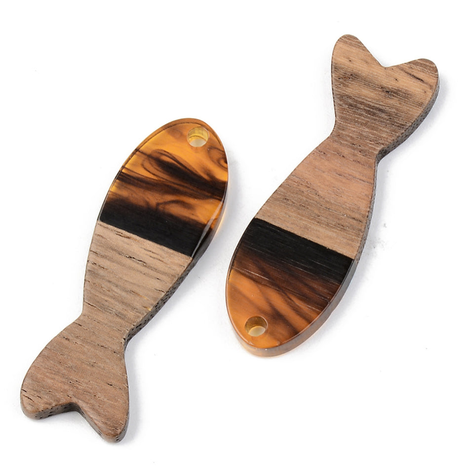 Resin & Walnut Wood Pendants, Fish, Size: about 37.5mm long, 12mm wide, 3mm thick, hole: 2mm. Package of 2pcs