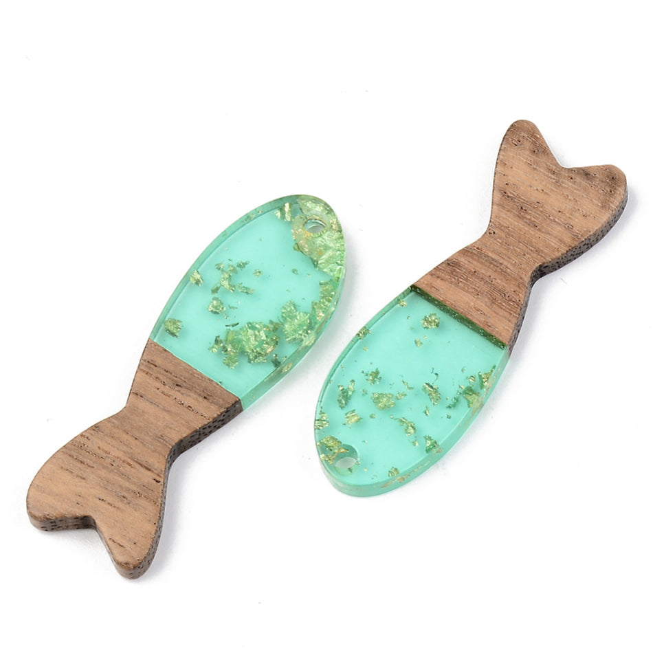 Resin & Walnut Wood Pendants, Fish, Size: about 37.5mm long, 12mm wide, 3mm thick, hole: 2mm. Package of 2pcs