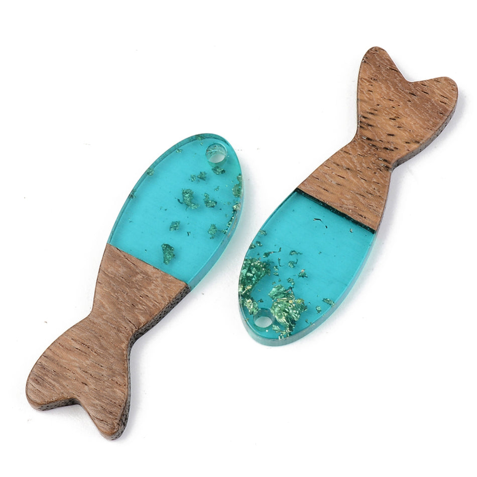 Resin & Walnut Wood Pendants, Fish, Size: about 37.5mm long, 12mm wide, 3mm thick, hole: 2mm. Package of 2pcs