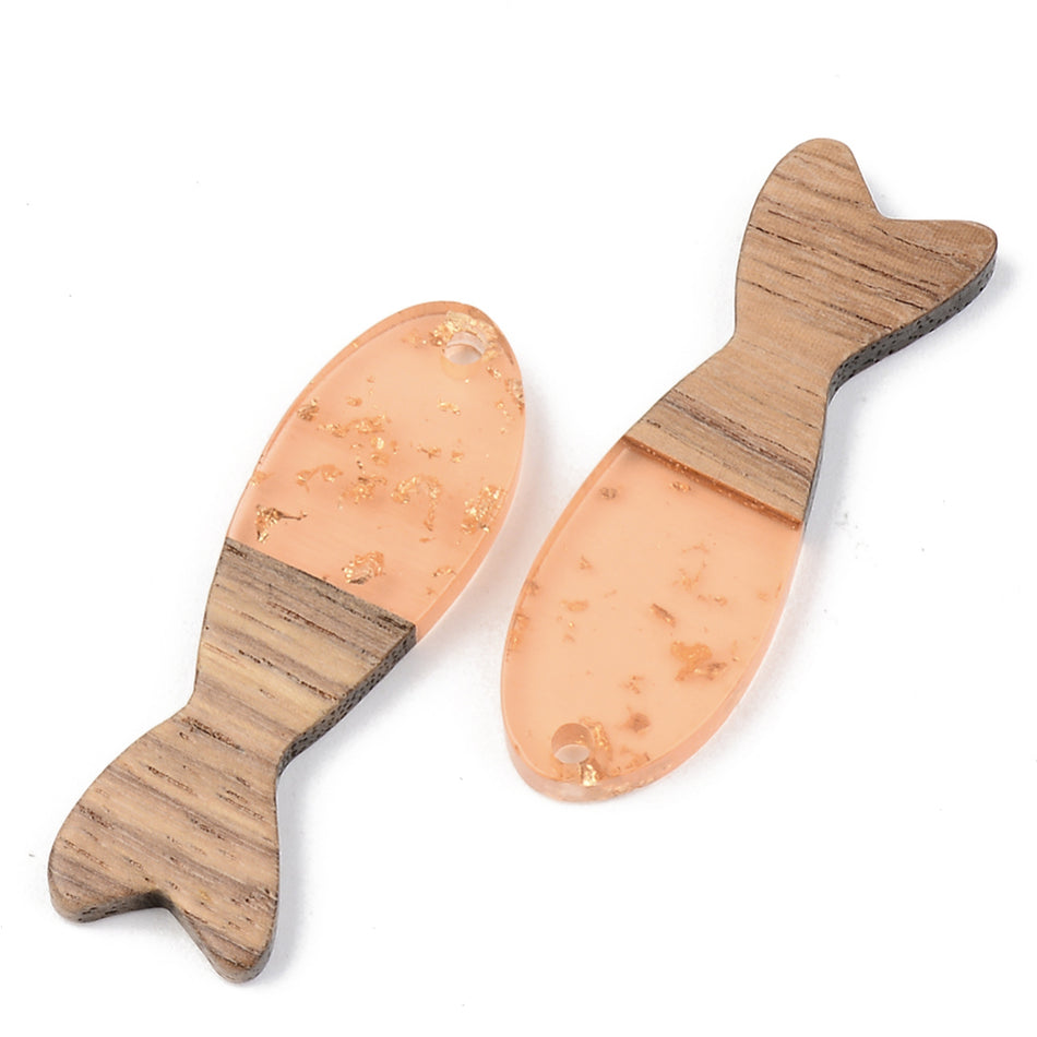 Resin & Walnut Wood Pendants, Fish, Size: about 37.5mm long, 12mm wide, 3mm thick, hole: 2mm. Package of 2pcs