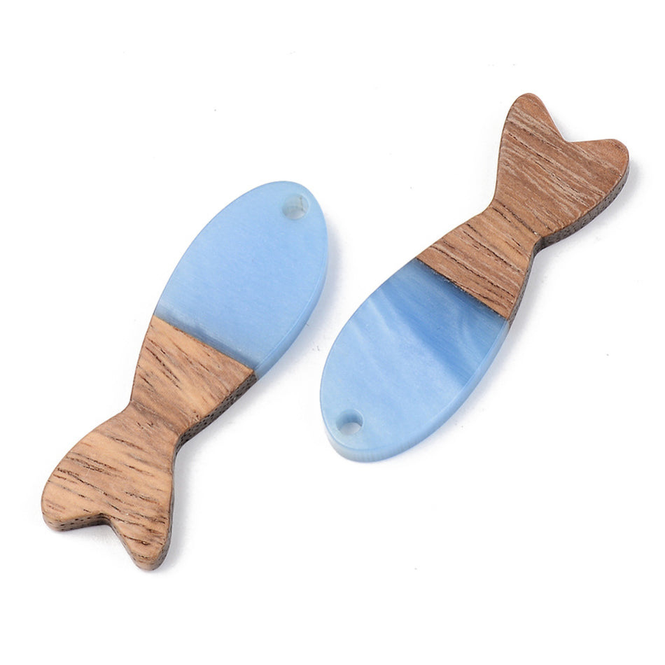 Resin & Walnut Wood Pendants, Fish, Size: about 37.5mm long, 12mm wide, 3mm thick, hole: 2mm. Package of 2pcs