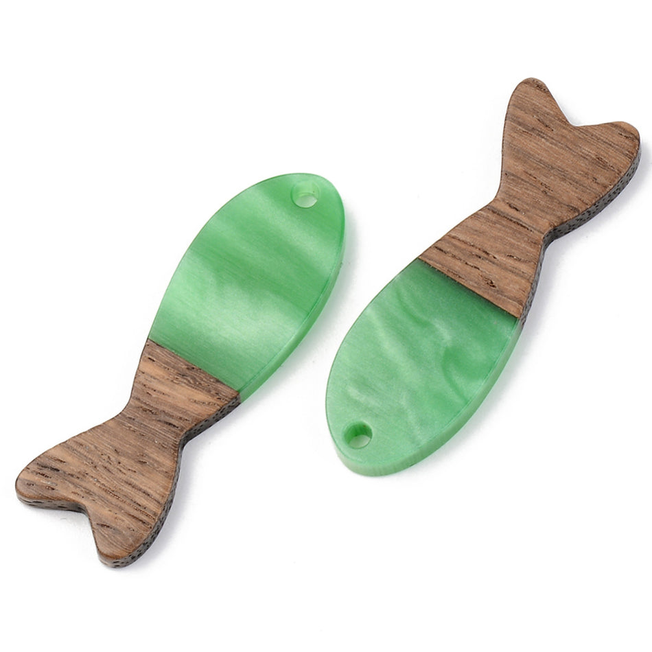 Resin & Walnut Wood Pendants, Fish, Size: about 37.5mm long, 12mm wide, 3mm thick, hole: 2mm. Package of 2pcs