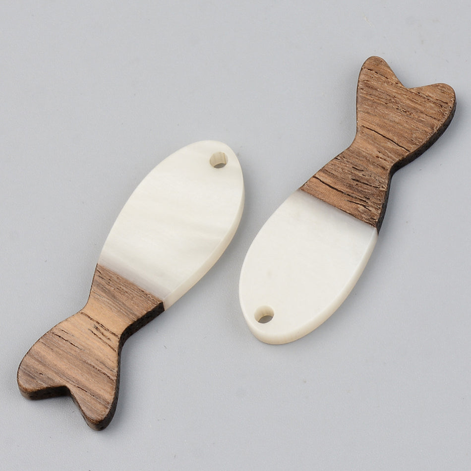 Resin & Walnut Wood Pendants, Fish, Size: about 37.5mm long, 12mm wide, 3mm thick, hole: 2mm. Package of 2pcs